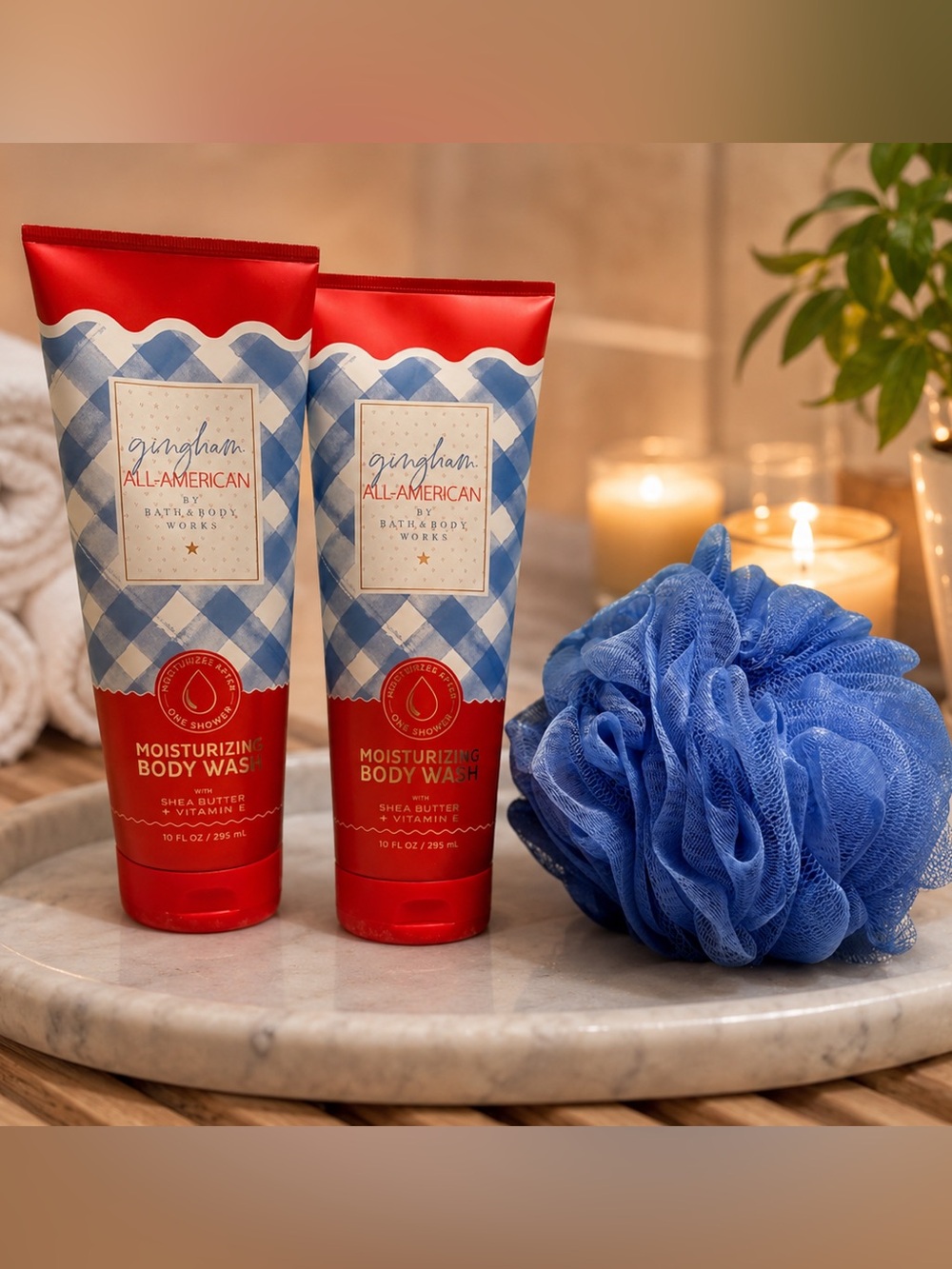 NWT Bath & Body Works Gingham All American Body Wash and Loofah Sponge